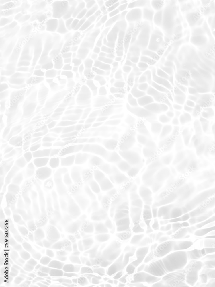Fototapeta premium Defocus blurred transparent white colored clear calm water surface texture with splashes and bubbles. Trendy abstract nature background. Water waves in sunlight with copy space. White water shine