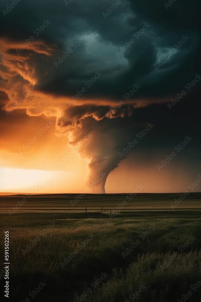 A Large Funnel Cloud Is Seen in The Distance As The Sun Sets Over A Field of Grass and A Distant Sky With A Few Clouds in The Distance Climate Changes Generative AI