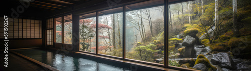  Japanese onsen ryokan. large bath. Japanese baths using hot water from geothermally heated springs. Tradaitonal style architecture ryokan. Wide format. Generative AI.  photo