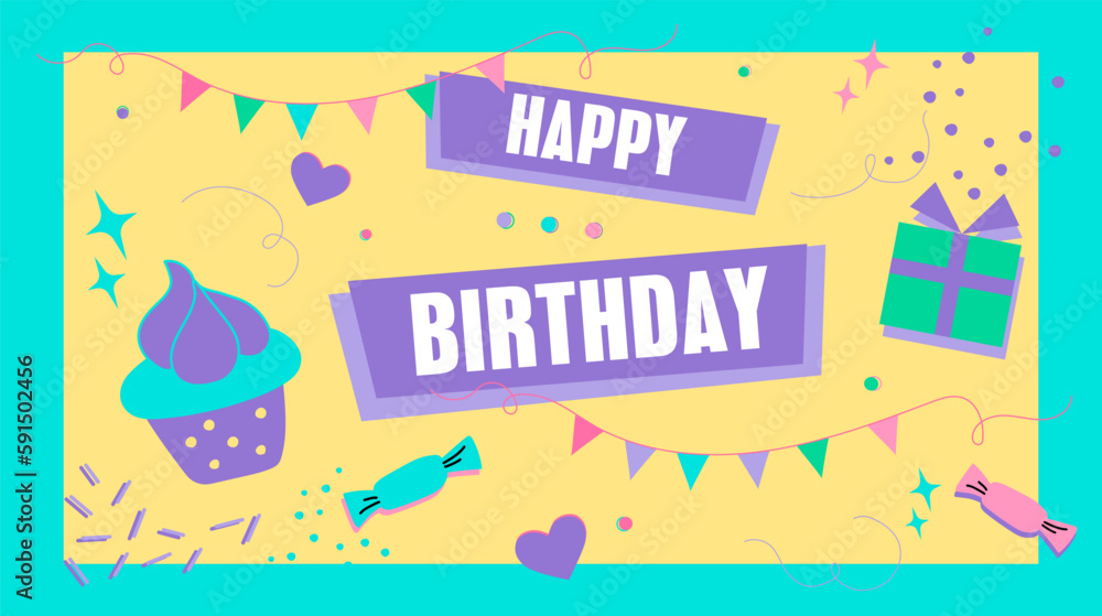 Vibrant Happy Birthday poster. Retro vibes 90s card.