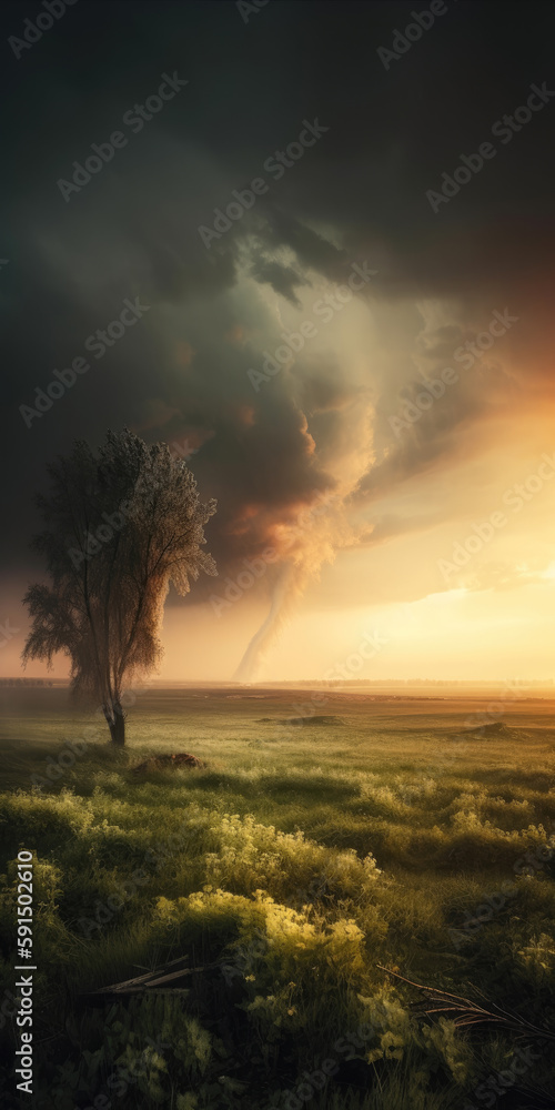 Fototapeta premium A Lone Tree in A Field With A Sky Background and A Storm Coming in From The Horizon Behind It and A Single Tree and A Dark Sky Climate Changes Generative AI