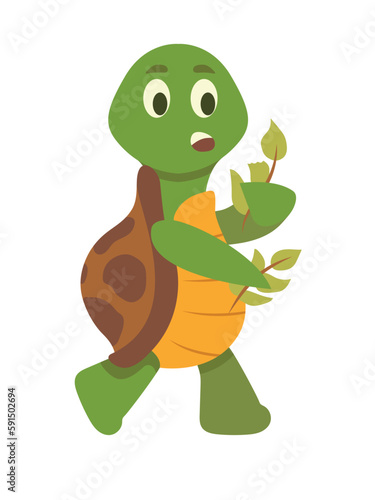 Concept Cartoon turtle. This is a lovely illustration of a cute turtle holding green leaves, depicted in a flat cartoon style. Vector illustration.