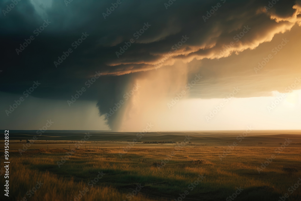 A Large Storm Cloud Looms Over A Vast Plain With A Sunset in The Background and A Lone Tree , With A Single Tree in,  Climate Changes Generative AI