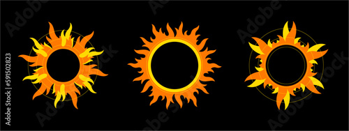 Fire ring, circle, burning frame set, collection. Vector sun crown with tongues of fire. Sun shape or flame border template with space for text. Orange and yellow colors. Solar eclipse illustration.
