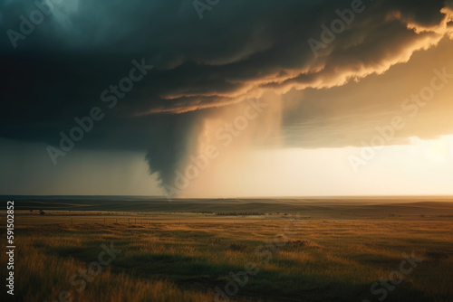 A Large Storm Cloud Looms Over A Vast Plain With A Sunset in The Background and A Lone Tree , With A Single Tree in, Climate Changes Generative AI © Damjan