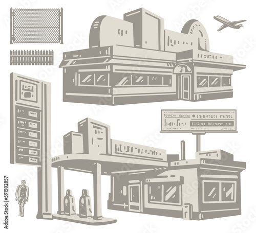 City buildings monochrome set stickers