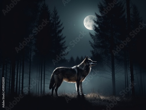 A lone wolf howling at the full moon in the dark forest