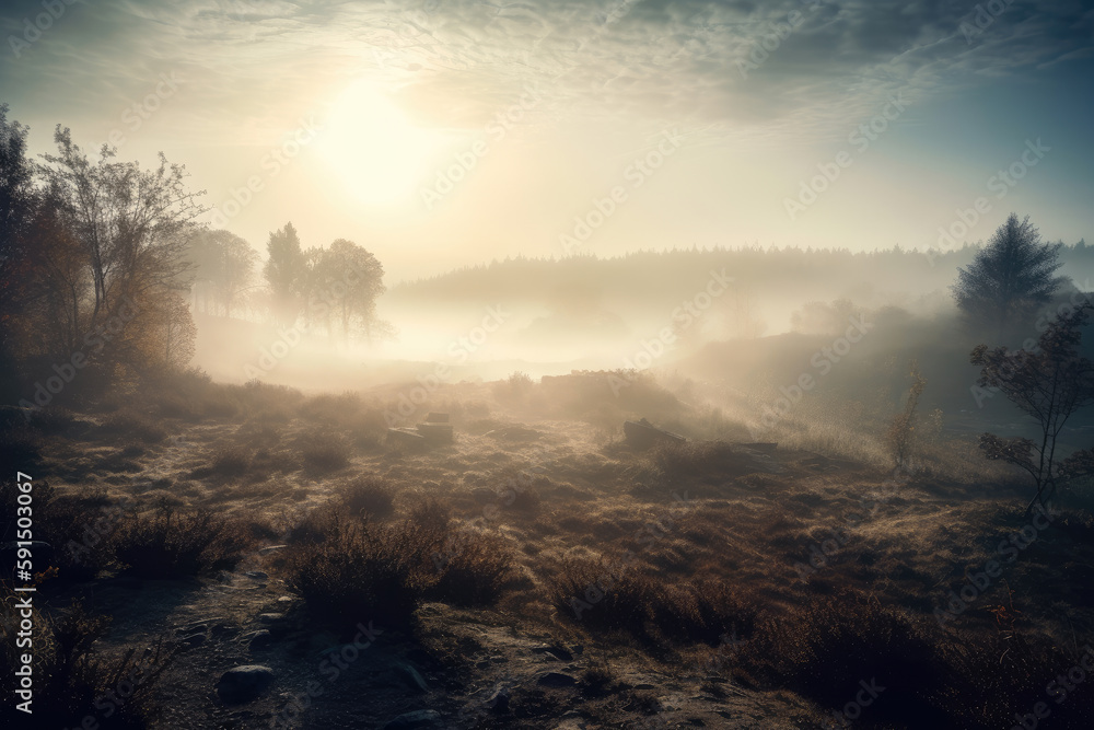 A Foggy Landscape With Trees and Bushes on The Ground and A Sun in The Distance With A Few Clouds and A Few Small Patches of Light on The Top of The Sky Climate Changes Generative AI A Foggy Landscape With Trees and Bushes on The Ground and A Sun in The Distance With A Few Clouds and A Few Small Patches of Light on The Top of The Sky Climate Changes Generative AI