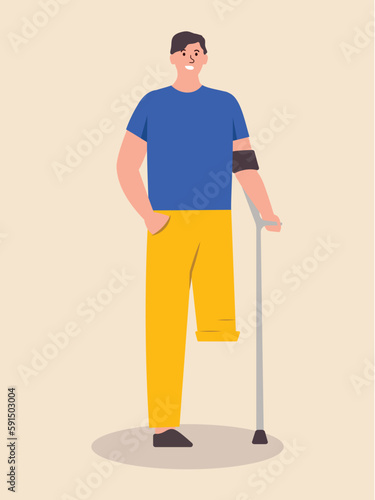 Concept People with disability man. This is an inclusive illustration of a man with crutches, depicted in a flat cartoon style. Vector illustration.