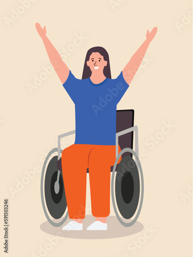Concept People with disability women. This is an inclusive illustration of a woman in a wheelchair, depicted in a flat cartoon style. Vector illustration.