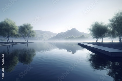 A minimalist landscape with a calm, reflective lake or pond, Generative AI © Jos