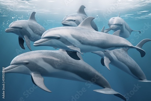 A detailed illustration of a group of marine mammals, such as dolphins or whales, Generative AI