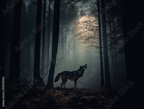 A lone wolf howling at the full moon in the dark forest