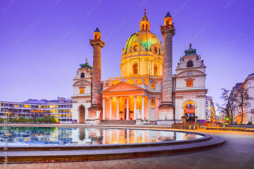 Vienna, Austria. Karlskirche is a Baroque church in Wien.