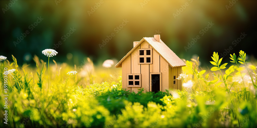  Eco house. Green and environmentally friendly housing concept. Miniature wooden house in spring grass, moss and ferns on a sunny day - obrazy, fototapety, plakaty 