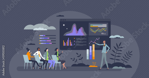 Data analysis presentation as research information report tiny person concept. Business analytic charts, diagrams and graph as financial projection vector illustration. Sales visualization meeting.