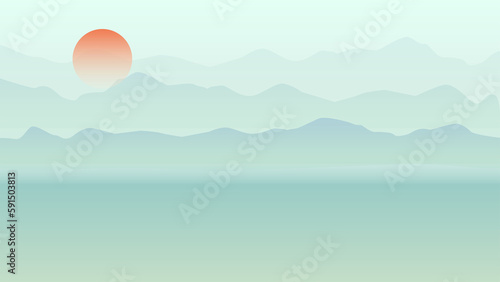 A misty river surrounded by the mountains flows as the sun sets. Peaceful Chinese landscape illustration background.