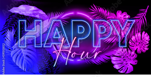Happy hour neon sign. Vector illustration.