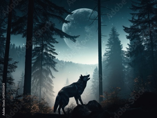 A lone wolf howling at the full moon in the dark forest © Suplim