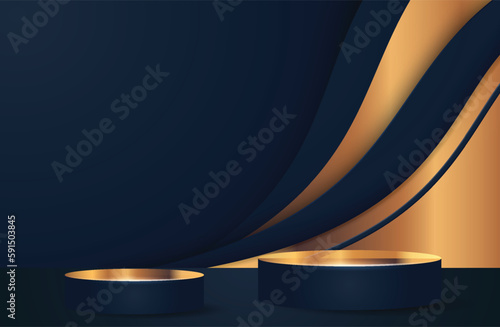 Golden and Blue Cylinder Podium - Luxury Blank Stage for Product Display