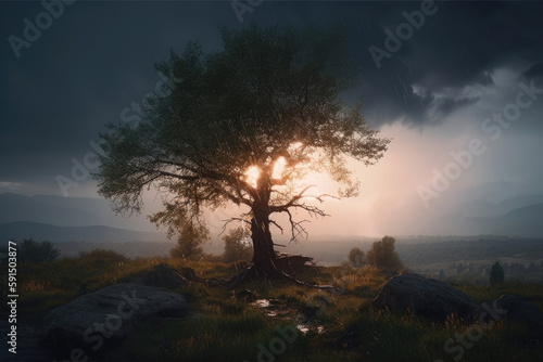 A Tree in A Field With The Sun Shining Through The Clouds in The Background and A Sky With Clouds Climate Changes Generative AI