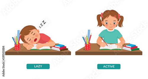 Opposite words antonym lazy and active with little boy sleeping and girl studying 