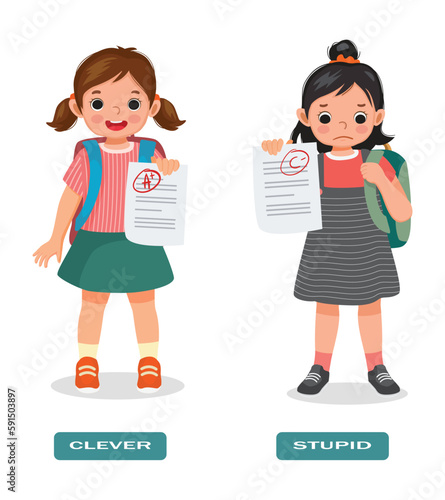 Opposite words antonym clever and stupid with little girls holding test result paper