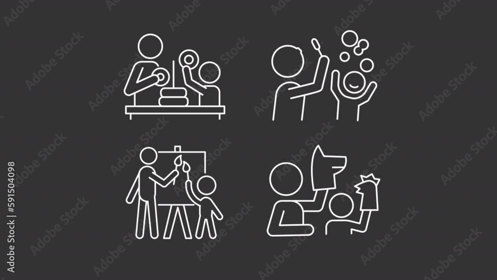Family activities white animations. Playing with kids. Parent child interaction. Loop HD video with chroma key, alpha channel on transparent background, black solid background. Animated outline icons Family activities white animations. Playing with kids. Parent child interaction. Loop HD video with chroma key, alpha channel on transparent background, black solid background. Animated outline icons