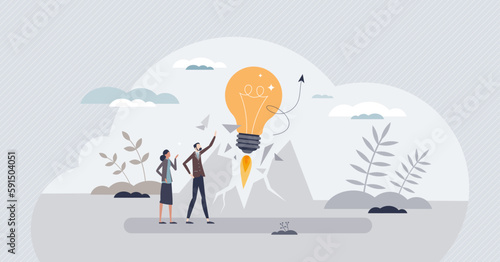 Disruptive innovation with breakthrough change effect tiny person concept. Effective, fast and powerful product with creative project launch vector illustration. New solution as upward bulb movement.
