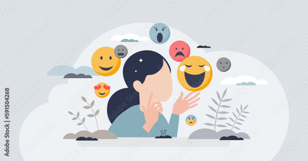 Emotional intelligence and ability to read emotions tiny person concept. Psychological feeling with mental understanding about emotional expression vector illustration. Self temper recognition skills. - obrazy, fototapety, plakaty 