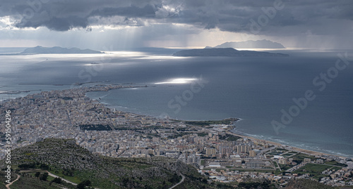  View of Trapani and Trapani salt pans as seen from the ascent to Erice, Sicily, Italy © MoVia1