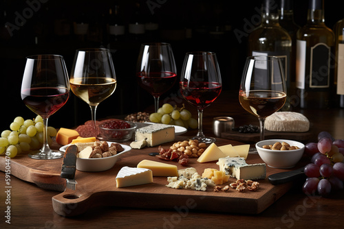 A sophisticated wine tasting experience  featuring an assortment of fine red and white wines  with elegant wine glasses  a corkscrew  and a selection of complementary cheeses and fruit. Generative AI