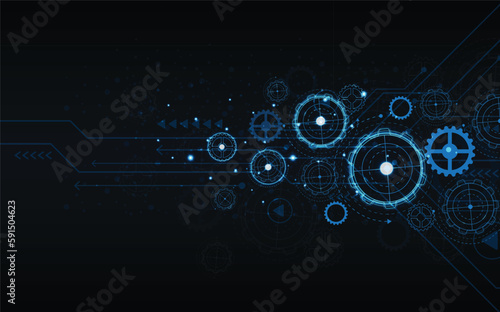 Abstract futuristic Cog Gear Wheel with arrows on dark blue color background. with Vector illustration gear wheel,  Hi-tech digital technology and engineering, digital telecom technology concept.