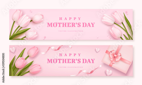 Mother's day horizontal banner or billboard with realistic tulips, hearts, ribbons and gift box on pink background. Vector illustration