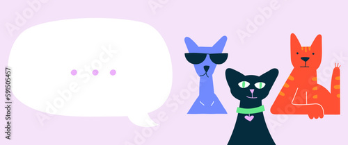Three cheeky domestic cats sit and look straight ahead. Horizontal banner with space for text in speech bubble. Hand drawn cartoon flat vector illustration.