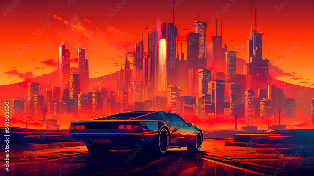 Sleek futuristic concept car from the 80s racing toward the city full of skyscrapers and neon lights. AI generated