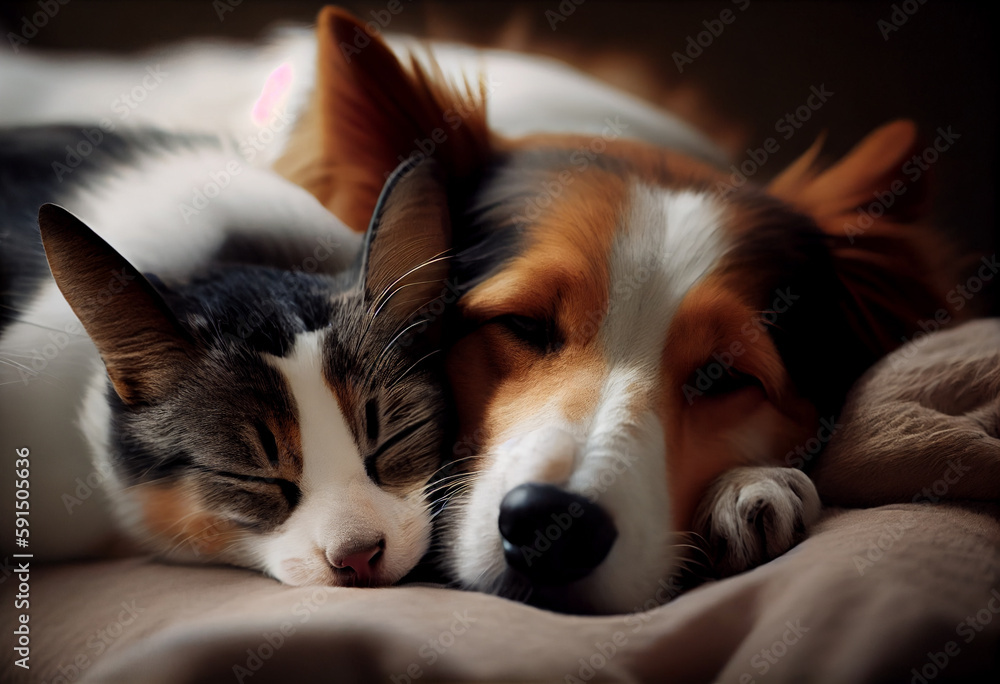 Adorable friends dog and cat sleep together on sofa. Generative AI Adorable friends dog and cat sleep together on sofa. Generative AI