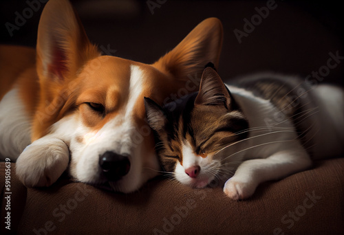 Adorable friends dog and cat sleep together on sofa. Generative AI
