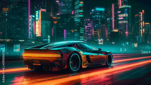Synthwave Car in the neon futuristic city. AI generated