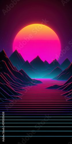 Synthwave sunset background 80s. Low poly landscape  neon lights. AI generated