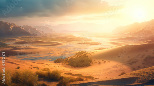 Sunset in the sprawling sandy desert, a mirage of a lush oasis.