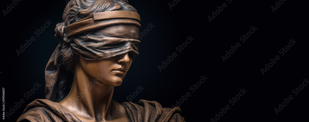 3D illustration of blindfolded Lady Justice. Close up visage of a sculpture of Justice. Space for text, black background, isolated. - obrazy, fototapety, plakaty 