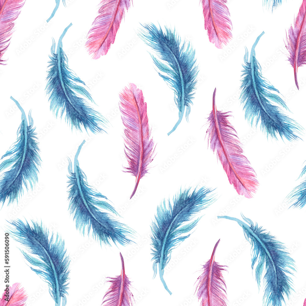 Watercolor seamless pattern with purple and blue feathers on white background. Boho illustration for mustic blog, prints, card, fabric, fashion, wrapping paper, phone cases. Watercolor seamless pattern with purple and blue feathers on white background. Boho illustration for mustic blog, prints, card, fabric, fashion, wrapping paper, phone cases.