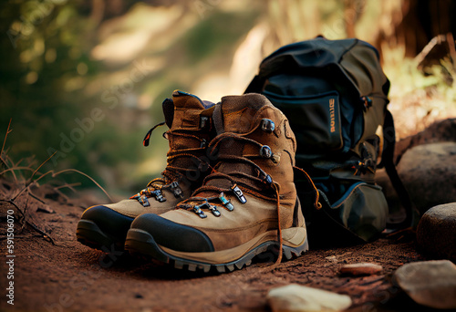 Hiking boots and backpack on trial in wilderness. Outdoor adventure. Generative AI © marcin jucha