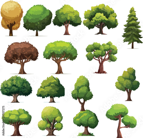 Collection of different variant tree vector illustrations. isolated on white background