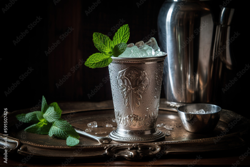 A classic, iconic cocktail scene, featuring a refreshing mint julep