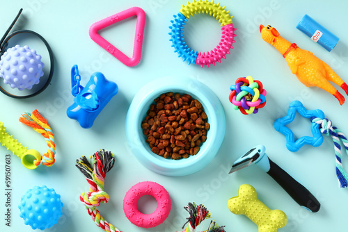 Bowl with dry food for cat or dog and pet accessories on blue background. Pet care and training concept. photo