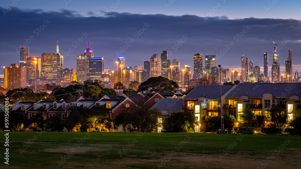 Naklejka premium Melbourne, Australia - City illuminated at night