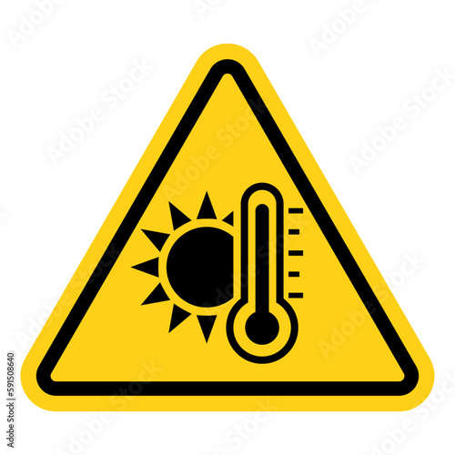 Hot Warning Sign or yellow and black triangle warning rising temperature sign isolated on white background.