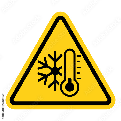 Cold Warning Sign or yellow and black triangle warning decrease temperature sign isolated on white background.